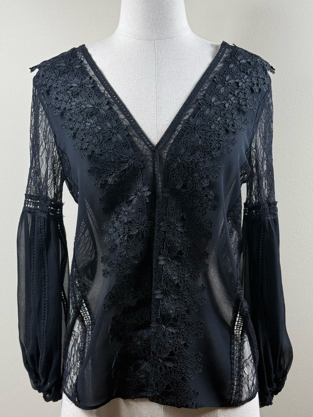 Alice + Olivia Black Sheer Lace Blouse XS
